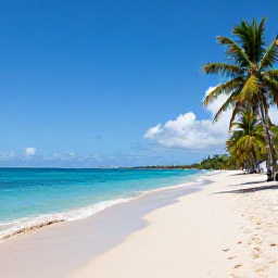 Caribbean Holidays, April Beach Holidays, Wide sandy beach in Tobago with turquoise Caribbean water, palm trees and bright April sunshine