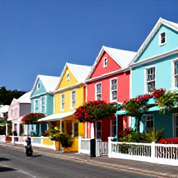 Caribbean Holidays, April Bermuda Cruises, A colourful Bermuda town street with pastel cottages, flowering gardens and a scooter passing through bright April sunshine