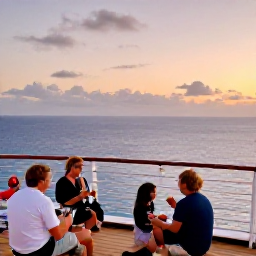 Caribbean Holidays, April Bermuda Cruises, A relaxed cruise ship deck overlooking Bermuda at sunset, with passengers enjoying drinks, calm ocean and pastel evening light