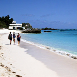 Caribbean Holidays, April Bermuda Cruises, Visitors walking along a quiet pink-sand beach in Bermuda in April, with clear blue water, coastal rocks and gentle sunshine