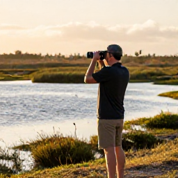 Caribbean Holidays, April Birdwatching, A birdwatcher with binoculars beside a quiet wetland on Providenciales in the Turks and Caicos Islands, warm April morning light