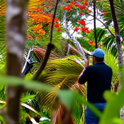 Caribbean Holidays, April Birdwatching, A colourful Barbados woodland reserve in April, with a birdwatcher quietly observing tropical birds among palms and flowering trees