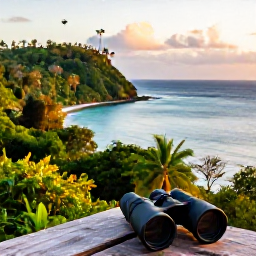 Caribbean Holidays, April Birdwatching, A colourful Caribbean island coastline at dawn, with tropical forest, calm sea and binoculars resting on a viewing hide