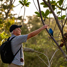 Caribbean Holidays, April Birdwatching, A dawn birdwatching walk through Barbados woodland, with a guide pointing towards a small tropical bird in the branches