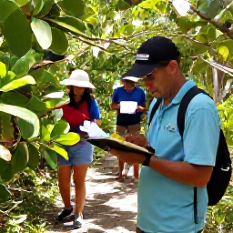 Caribbean Holidays, April Birdwatching, A friendly birdwatching guide and visitors recording Barbados birds in a notebook beside a leafy trail