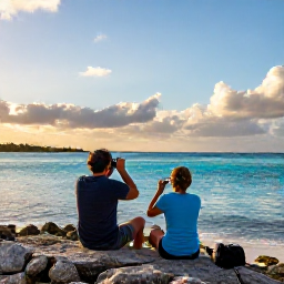 Caribbean Holidays, April Birdwatching, A relaxed couple birdwatching near a turquoise lagoon at sunset in the Turks and Caicos Islands