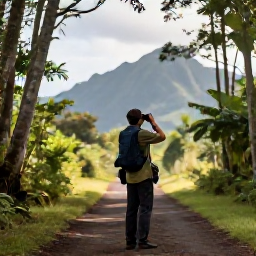 Caribbean Holidays, April Birdwatching, Birdwatcher using binoculars beside a forest trail on Nevis with tropical mountains in the background