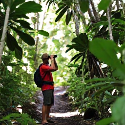 Caribbean Holidays, April Birdwatching, Birdwatcher using binoculars on a forest trail in northern Martinique, tropical vegetation and filtered sunlight