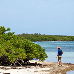 Caribbean Holidays, April Birdwatching, Birdwatcher walking beside mangroves and a quiet coastal lagoon in Cura&ccedil;ao during a clear April morning