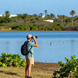 Caribbean Holidays, April Birdwatching, Birdwatcher with binoculars beside a calm Caribbean wetland on Saint Martin in April, tropical vegetation and wading birds in the distance