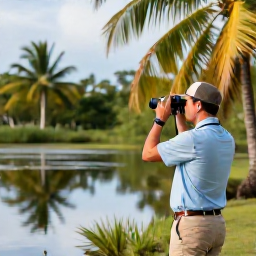 Caribbean Holidays, April Birdwatching, Birdwatcher with binoculars beside a calm Dominican Republic wetland, surrounded by palms and tropical vegetation