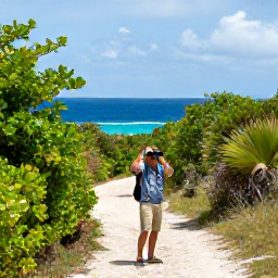 Caribbean Holidays, April Birdwatching, Birdwatcher with binoculars on a quiet coastal trail in Saint Barth&eacute;lemy during April, with tropical vegetation and blue sea