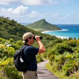 Caribbean Holidays, April Birdwatching, Birdwatcher with binoculars on a quiet nature trail overlooking green hills and the blue sea on St John