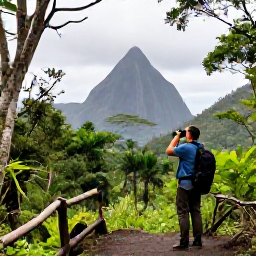 Caribbean Holidays, April Birdwatching, Birdwatcher with binoculars on a rainforest trail in Saint Lucia, with volcanic hills and tropical vegetation