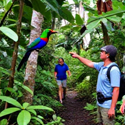 Caribbean Holidays, April Birdwatching, Birdwatchers exploring a quiet Caribbean rainforest trail, with a guide pointing towards a colourful tropical bird in the canopy