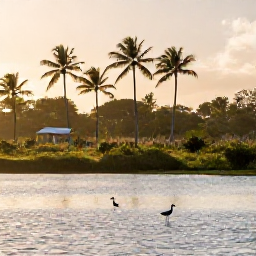 Caribbean Holidays, April Birdwatching, Birdwatching beside a calm Saint Lucian wetland with wading birds, palms and warm early morning light