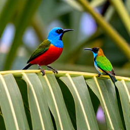 Caribbean Holidays, April Birdwatching, Colourful bananaquit and green-throated carib perched among tropical leaves in the US Virgin Islands