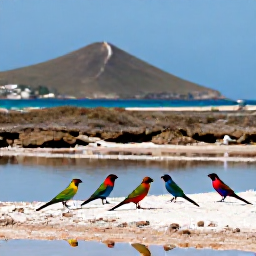 Caribbean Holidays, April Birdwatching, Colourful Caribbean birds gathered around a shallow salt pond near the coast of Sint Maarten, with low hills and blue sea behind