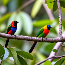 Caribbean Holidays, April Birdwatching, Colourful tropical birds perched among lush green foliage in Martinique's rainforest, soft morning light