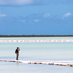 Caribbean Holidays, April Birdwatching, Flamingos feeding in a shallow salt lake at Jan Kok, Cura&ccedil;ao, with a birdwatcher viewing from a respectful distance