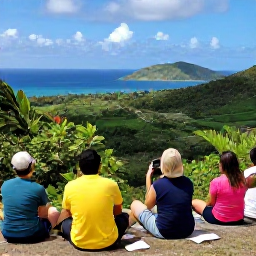 Caribbean Holidays, April Birdwatching, Friendly birdwatching group relaxing at a Caribbean nature reserve viewpoint, with sea, hills and tropical vegetation in the background