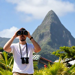Caribbean Holidays, April Birdwatching, Friendly birdwatching holiday scene in Saint Lucia with binoculars, a field guide and tropical mountain scenery