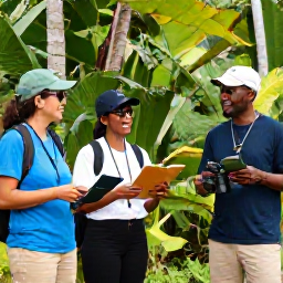 Caribbean Holidays, April Birdwatching, Friendly travellers enjoying a relaxed birdwatching morning beside a Saint Martin nature reserve, binoculars and field guide visible
