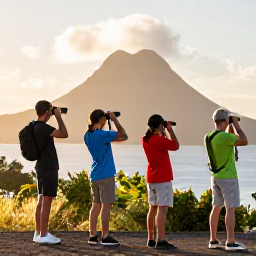 Caribbean Holidays, April Birdwatching, Friendly travellers watching birds at sunrise with binoculars on Saint Vincent, Caribbean landscape