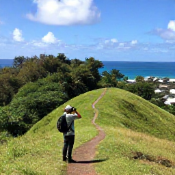 Caribbean Holidays, April Birdwatching, Green hillside trail on Saint Martin with a birdwatcher looking towards tropical woodland and the Caribbean Sea