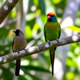 Caribbean Holidays, April Birdwatching, Hispaniolan parrot and palmchat perched on branches in a sunlit tropical forest in the Dominican Republic