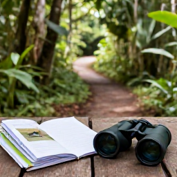 Caribbean Holidays, April Birdwatching, Peaceful Caribbean birdwatching trail through green woodland in the Dominican Republic, with binoculars and a field guide