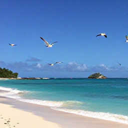Caribbean Holidays, April Birdwatching, Quiet Caribbean beach on Saint Martin with seabirds flying above turquoise water and a small rocky islet offshore