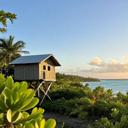 Caribbean Holidays, April Birdwatching, Quiet Caribbean nature reserve at sunrise with a birdwatching hide, tropical vegetation and distant turquoise water
