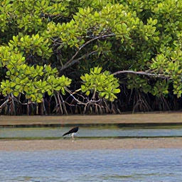 Caribbean Holidays, April Birdwatching, Quiet Caribbean wetland with mangrove trees, shallow water and elegant wading birds seen by visitors with binoculars