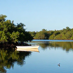 Caribbean Holidays, April Birdwatching, Quiet Martinique mangrove lagoon with a small boat, wading birds and reflections in calm water