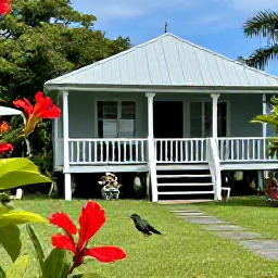 Caribbean Holidays, April Birdwatching, Quiet tropical garden beside a Caribbean guesthouse in Tobago, with a hummingbird visiting bright flowers
