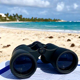 Caribbean Holidays, April Birdwatching, Relaxed Cura&ccedil;ao holiday scene with binoculars, a field guide and tropical coastline in the background