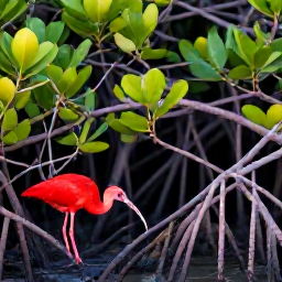 Caribbean Holidays, April Birdwatching, Scarlet ibis and other colourful birds feeding among mangrove roots at dawn in Caroni Swamp, Trinidad