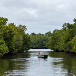 Caribbean Holidays, April Birdwatching, Small guided birdwatching boat moving through calm mangrove channels in Caroni Swamp, Trinidad, with scarlet ibis in the distance