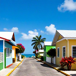 Caribbean Holidays, April Birdwatching, Traditional Martinique village street near the coast with colourful houses, tropical plants and a clear blue sky