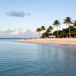 Caribbean Holidays, April Business Class, Bright April morning at Magens Bay on St Thomas, with calm turquoise water, white sand, palm trees and a few relaxed visitors