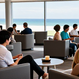 Caribbean Holidays, April Business Class, Business class passengers relaxing in a comfortable airport lounge before a Caribbean holiday