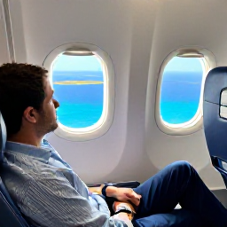 Caribbean Holidays, April Business Class, Business class traveller relaxing in a comfortable aircraft seat while flying towards the turquoise Caribbean Sea and the United States Virgin Islands