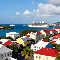 Caribbean Holidays, April Business Class, Colourful waterfront streets and historic Danish buildings in Charlotte Amalie, St Thomas, with sunny Caribbean light and cruise harbour views