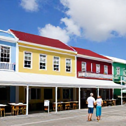 Caribbean Holidays, April Business Class, Couple exploring a colourful Caribbean town with colonial buildings and local caf&eacute;s
