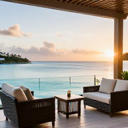 Caribbean Holidays, April Business Class, Elegant Caribbean resort terrace overlooking a calm blue bay at sunset, with comfortable outdoor seating and discreet luxury