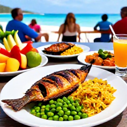 Caribbean Holidays, April BVI Holidays, Traditional Caribbean food served at a relaxed outdoor gathering in the British Virgin Islands, including grilled fish, peas and rice, and tropical fruit