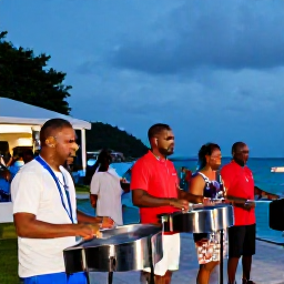 Caribbean Holidays, April BVI Holidays, Traditional Caribbean music performance at an outdoor venue in the British Virgin Islands, with steel pan musicians and an evening island crowd