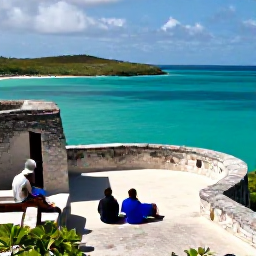 Caribbean Holidays, April BVI Holidays, Travellers visiting historic ruins and a scenic viewpoint on Virgin Gorda in the British Virgin Islands, with turquoise sea in the background