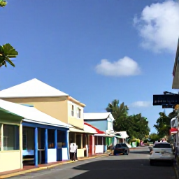 Caribbean Holidays, April BVI Holidays, Visitors exploring historic Main Street in Road Town, Tortola, with colourful buildings, small shops and tropical scenery
